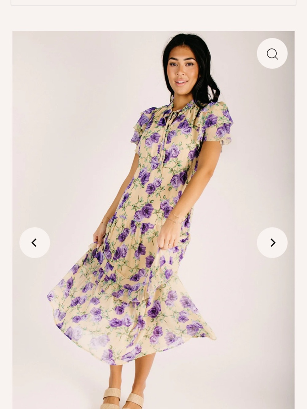 Cream Maxi Dress with Purple Floral Print and Tie Neck